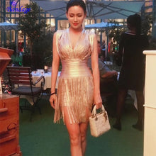 Load image into Gallery viewer, Runway Christmas Celebrity Party Tassel Glitter Gold Bandage Dress With Fringe V Neck Gold Foil Printing Dress For Women Vestido