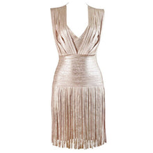 Load image into Gallery viewer, Runway Christmas Celebrity Party Tassel Glitter Gold Bandage Dress With Fringe V Neck Gold Foil Printing Dress For Women Vestido