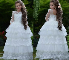 Load image into Gallery viewer, New 3D Flowers White Flower Girl Dress Layers Lace Sheer Neck Ball Gown Girls Party Dress Christmas Communion Birthday Gown