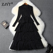 Load image into Gallery viewer, Elegant Lady Autumn Dress Woman Clothes 2019 New Designers Long Sleeve Ruffle Layered Black Mid Calf Christmas Party Dresses