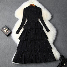 Load image into Gallery viewer, Elegant Lady Autumn Dress Woman Clothes 2019 New Designers Long Sleeve Ruffle Layered Black Mid Calf Christmas Party Dresses