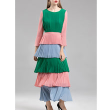 Load image into Gallery viewer, luxury women clothing dress for christmas party color block pleated women ruffle dress round neck elegant winter dress hot sale