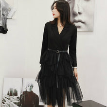 Load image into Gallery viewer, Big Swing Mesh Patchwork Black Blazer Dress Women with Sashes Modis Christmas Dresses Women Cake Style Sweet  Gray Formal Dress