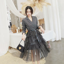 Load image into Gallery viewer, Big Swing Mesh Patchwork Black Blazer Dress Women with Sashes Modis Christmas Dresses Women Cake Style Sweet  Gray Formal Dress