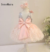 Load image into Gallery viewer, Real Pictures O Neck Baby Girls First Birthday Dress Purple Lace Knee Length Little Princess Christmas Dress Party Gown with Bow