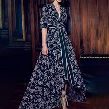 Load image into Gallery viewer, Autumn Elegant Woman Maxi Dress Deep V-Neck High Waist Floral Embroidery Bow Lace Up Split Irregular Christmas Dress Vestidos