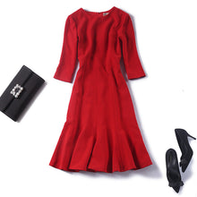Load image into Gallery viewer, Women fashion 3/4 sleeve elegant dress thick elegant mermaid office lady red christmas dresses belt new 2018 autumn winter blue