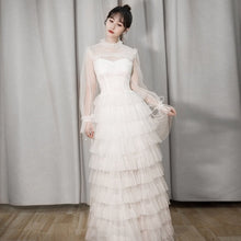 Load image into Gallery viewer, High Quality White Gown Long Party Dress 2018 Women See Though Long Sleeve Floor-length Lace Cake Mesh Christmas Dress Robe Pull