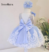 Load image into Gallery viewer, New Cute White Lace Blue Lining Baby Girls First Birthday Dress Ball Gown Girls Christmas Dress Wedding Party Gown with Bow