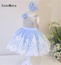 Load image into Gallery viewer, New Cute White Lace Blue Lining Baby Girls First Birthday Dress Ball Gown Girls Christmas Dress Wedding Party Gown with Bow