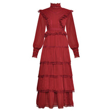 Load image into Gallery viewer, Christmas outfit women dinner dresses designer clothes women luxury stripes lace ruffles long sleeve layered empire cut dress