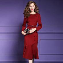 Load image into Gallery viewer, Autumn Office layd trumpet dress 2018 new solid Superior quality Women Christmas Party Dress Plus Size winter dresses with belt