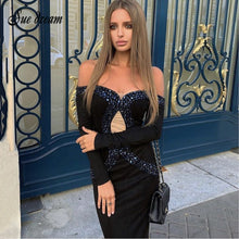 Load image into Gallery viewer, 2019 Autumn New Ladies Black Beaded Long-Sleeved Strapless Split Bandage Dress Bodycon Club Party Christmas Long Dress Vestidos