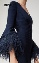 Load image into Gallery viewer, Winter Feather Bodycon Sexy Bandage Dress Three Quarter Sleeve Christmas Party Dress Casual Rayon Vestidos Women Dress F-13