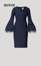 Load image into Gallery viewer, Winter Feather Bodycon Sexy Bandage Dress Three Quarter Sleeve Christmas Party Dress Casual Rayon Vestidos Women Dress F-13
