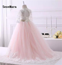 Load image into Gallery viewer, Beautiful Lace Applique Flower Girls Dress with Ribbon Keyhole Back Puffy Tulle First Communion Dress Christmas Gown Any Size