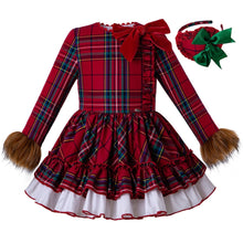 Load image into Gallery viewer, Pettigirl Wholesale Red Christmas Kids Dress Grid Dresses With Headwear And FauxFur Sleeve Girls Clothing Girls Winter Dress