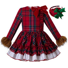 Load image into Gallery viewer, Pettigirl Wholesale Red Christmas Kids Dress Grid Dresses With Headwear And FauxFur Sleeve Girls Clothing Girls Winter Dress