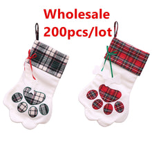 Load image into Gallery viewer, 200pcs/lot good quality Christmas paw stocking gift bags tree ornament decoration cat paw pet plaid bag stocking free shipping