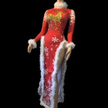 Load image into Gallery viewer, Sexy Christmas Party Long Dress with Fur Women Stretch Rhinestone High Slit Dress Celebration Dress Singer Dancer Stage Outfits