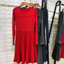 Load image into Gallery viewer, Women fashion elegant lurex knit sweater dress long sleeve jacquard fit and flare christmas dresses new 2018 red gray blue